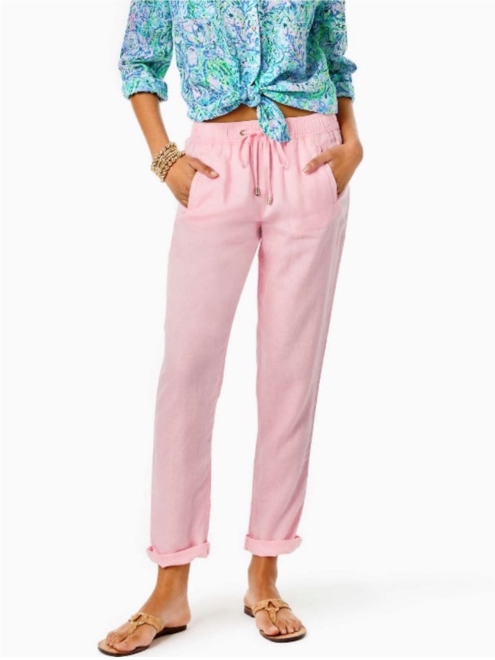NWT Lilly Pulitzer Pink Taron 100% Linen Tapered Pull-on Pants Large Beach